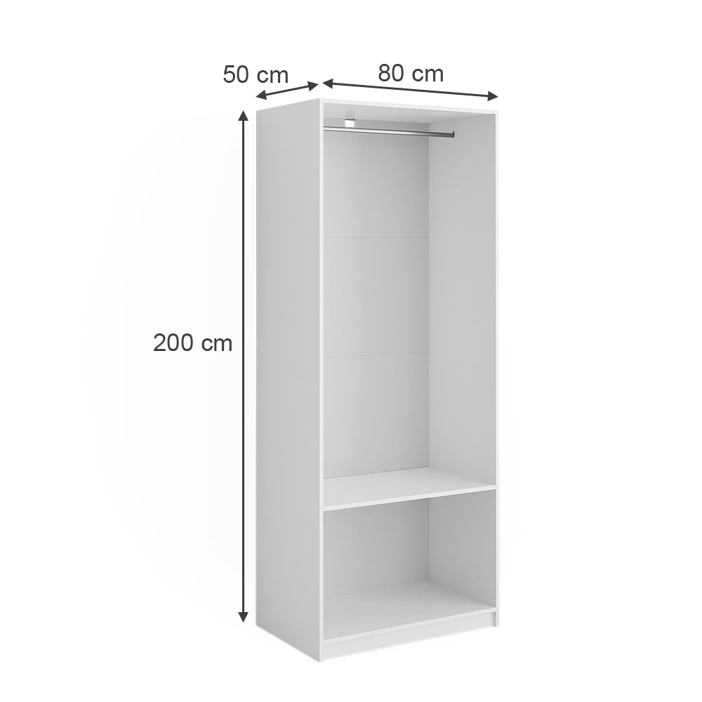 Garderobe i farven Hvid på hvid baggrund med synlige dimensioner