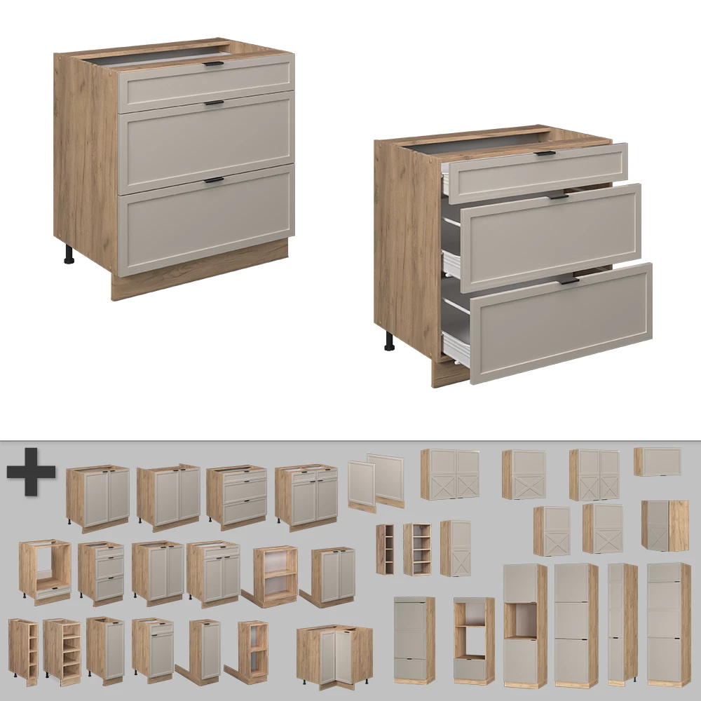 Nahaufnahme von Küchenunterschrank in GrauBeige, zeigt Textur/Details