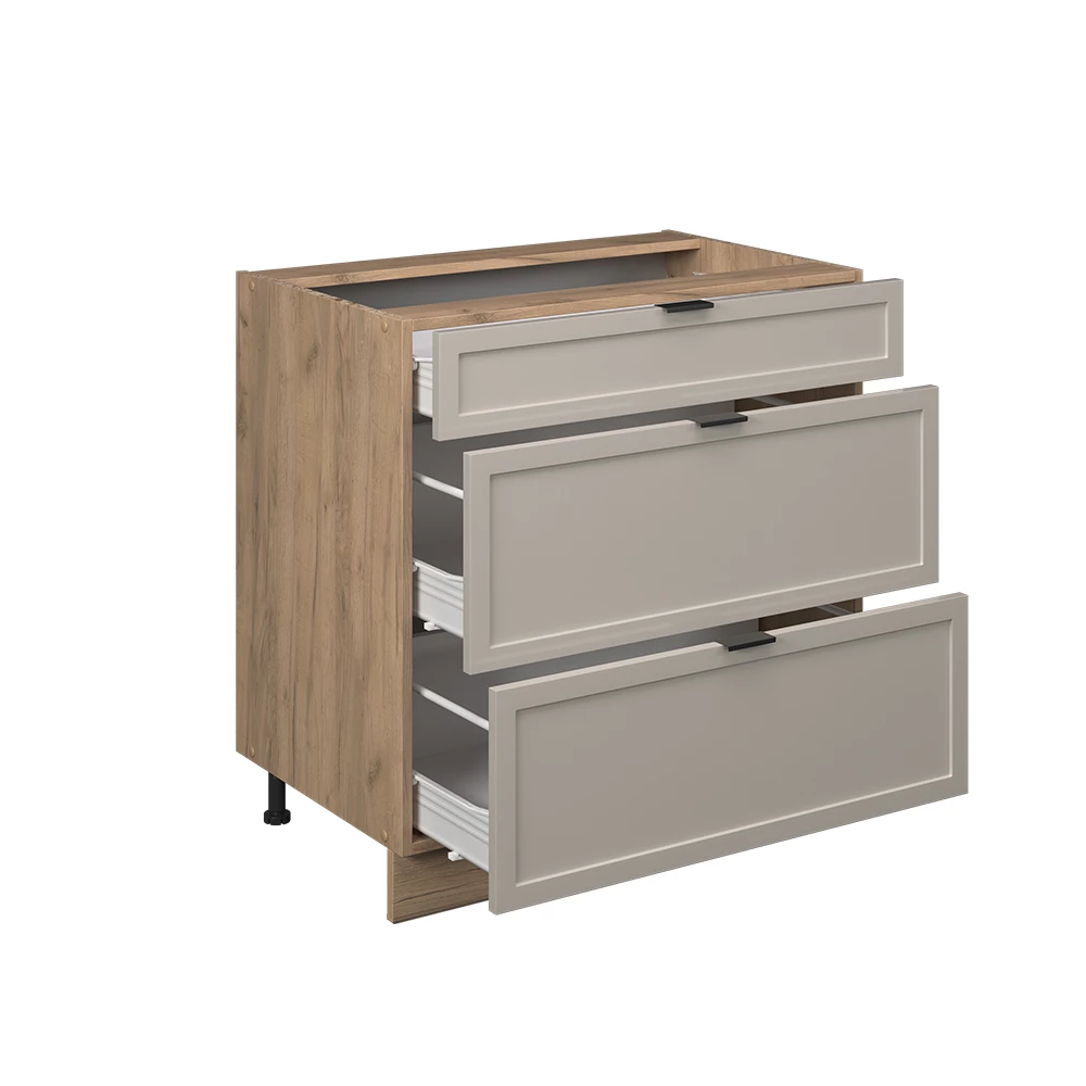 Küchenunterschrank in GrauBeige, dargestellt im Ambiente mit Dekoration