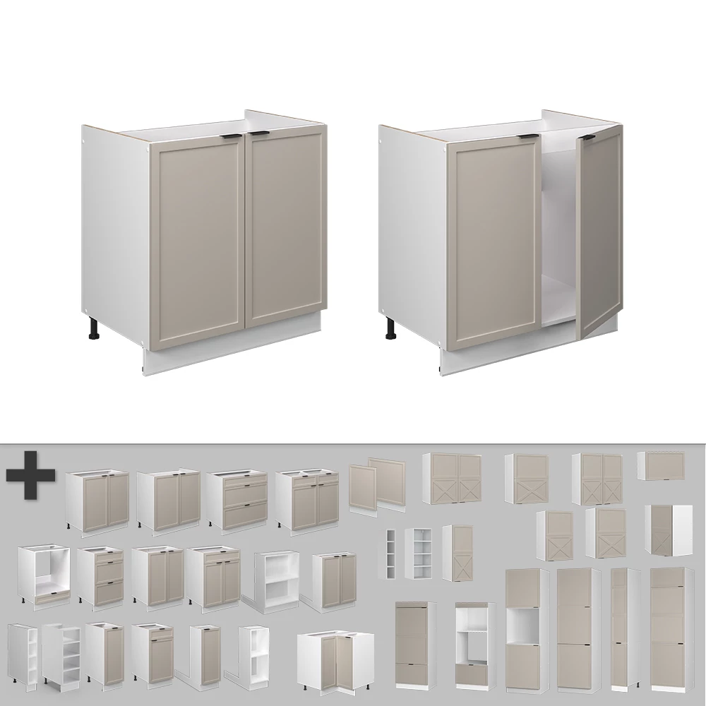 Nahaufnahme von Spülenunterschrank in GrauBeige, zeigt Design- und Oberflächendetails