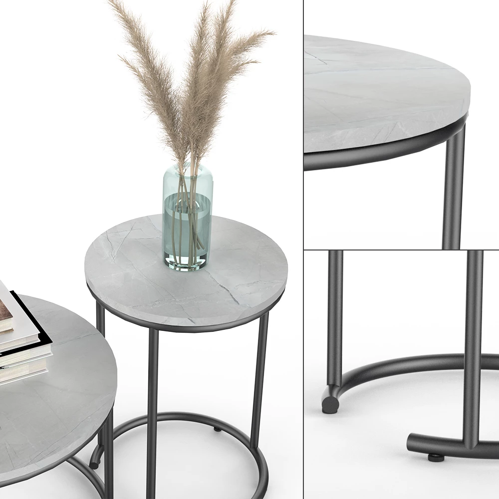 Nahaufnahme von Couchtisch-Set in Marmor Weiß, zeigt Design- und Oberflächendetails
