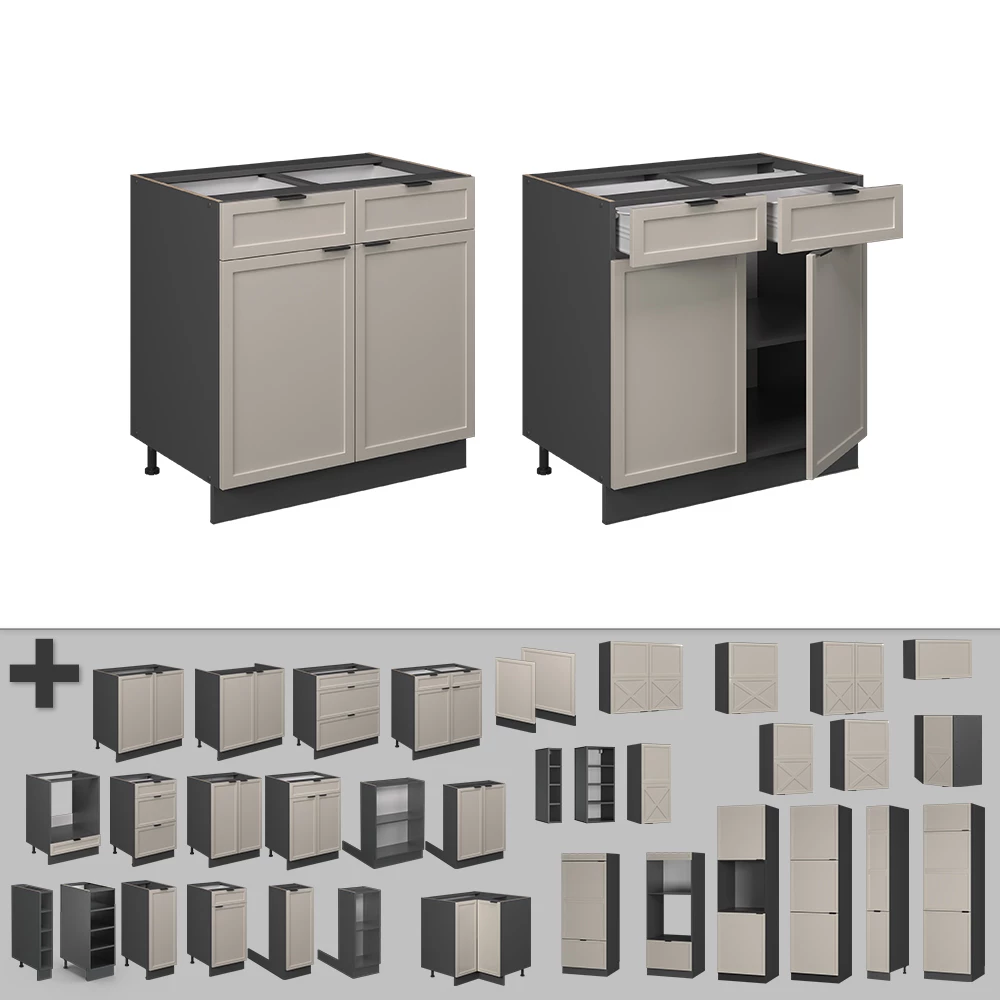 Nahaufnahme von Küchenunterschrank in GrauBeige, zeigt Design- und Oberflächendetails