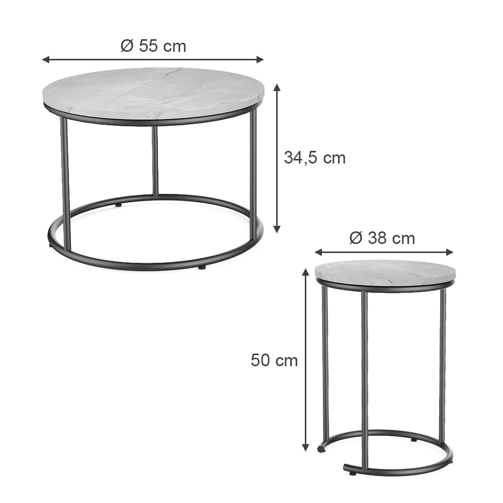 Couchtisch-Set in Marmor Weiß auf weißem Hintergrund mit sichtbaren Maßen