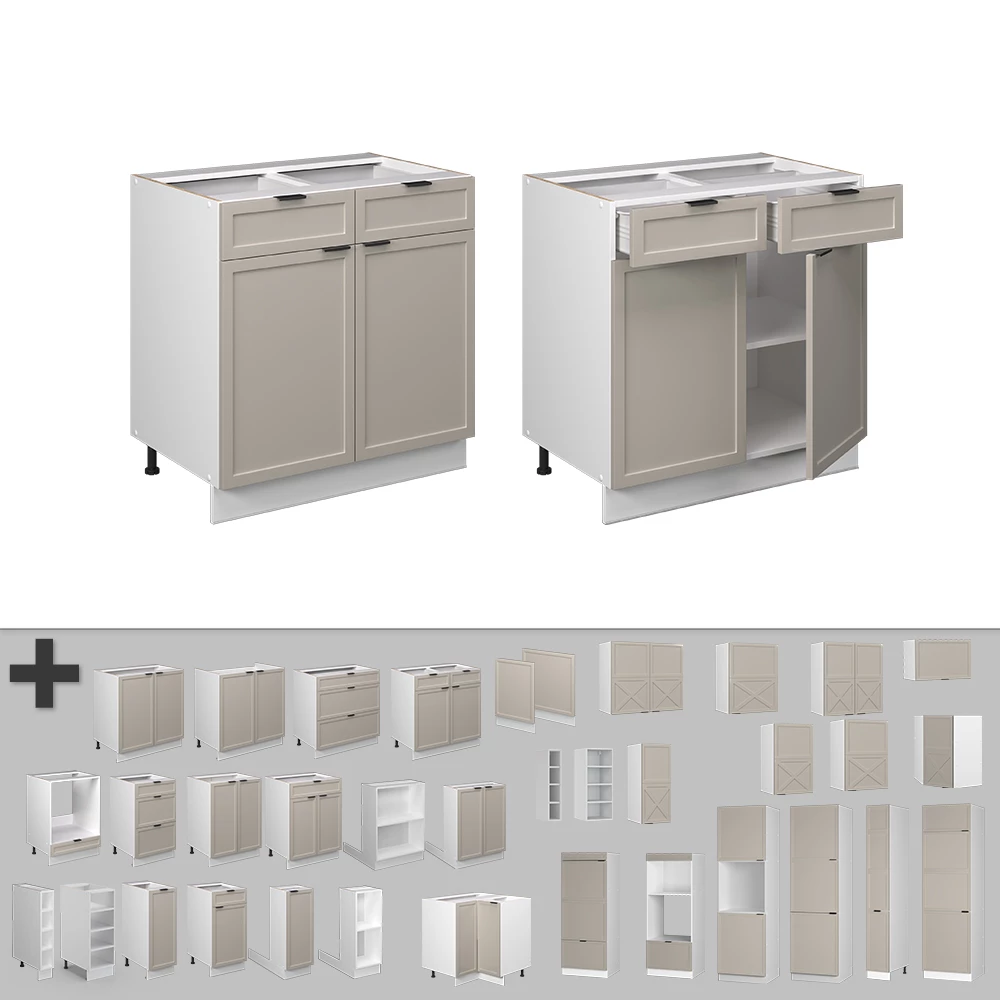 Nahaufnahme von Küchenunterschrank in GrauBeige, zeigt Design- und Oberflächendetails