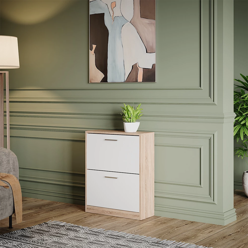 Armoire à chaussures en Blanc/Sonoma, présenté dans un décor ambiant avec décoration