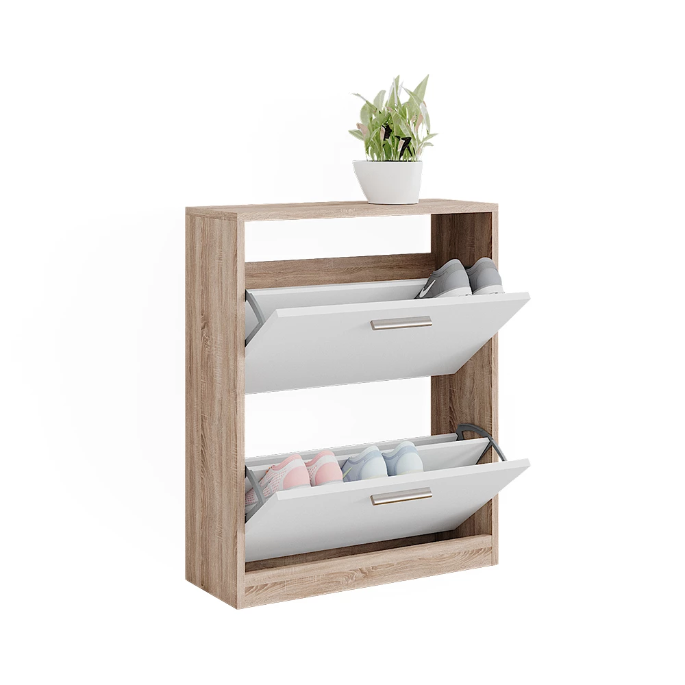 Armoire à chaussures en Blanc/Sonoma sur fond blanc avec des éléments décoratifs