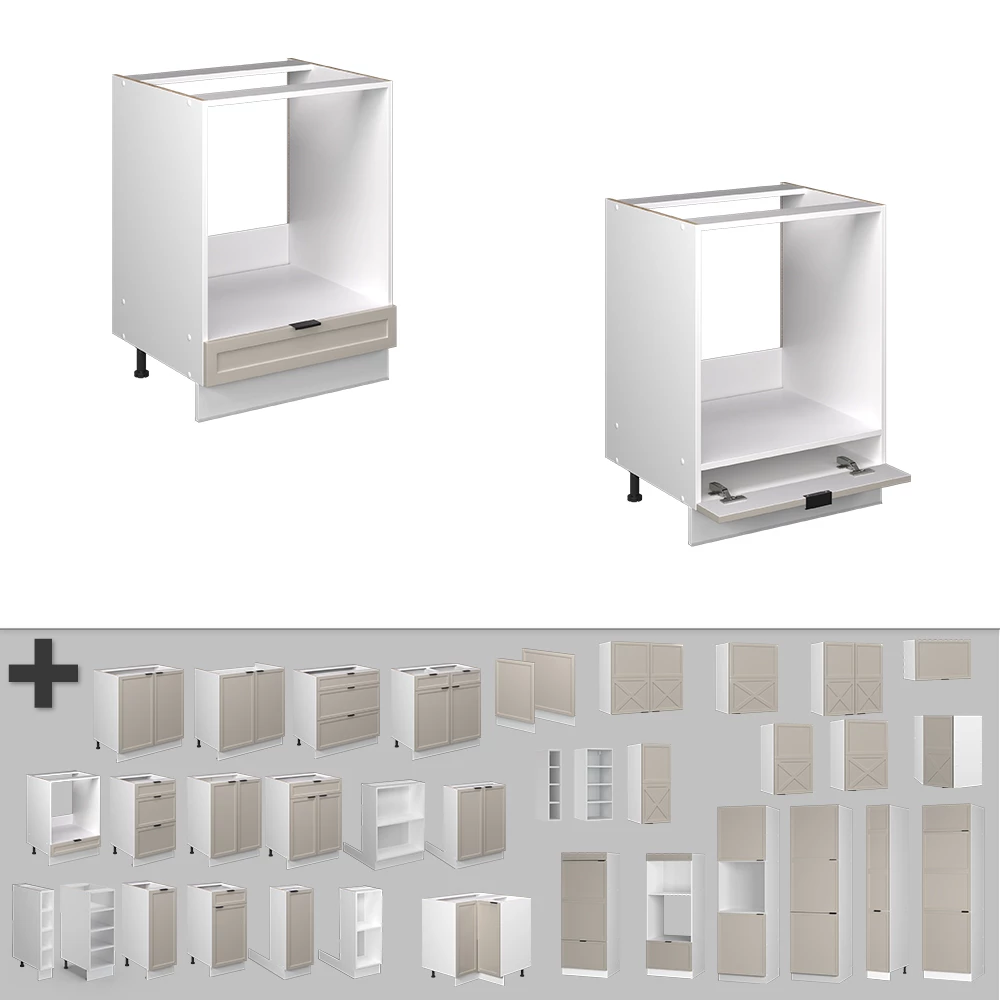 Nahaufnahme von Herdumbauschrank in GrauBeige, zeigt Design- und Oberflächendetails