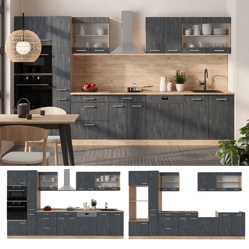Küchenzeile in Schwarz Beton/Goldkraft Eiche, dargestellt im Ambiente und auf weißem Hintergrund