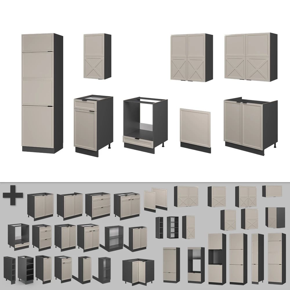 Nahaufnahme von Küchenzeile in GrauBeige/Anthrazit, zeigt Design- und Oberflächendetails