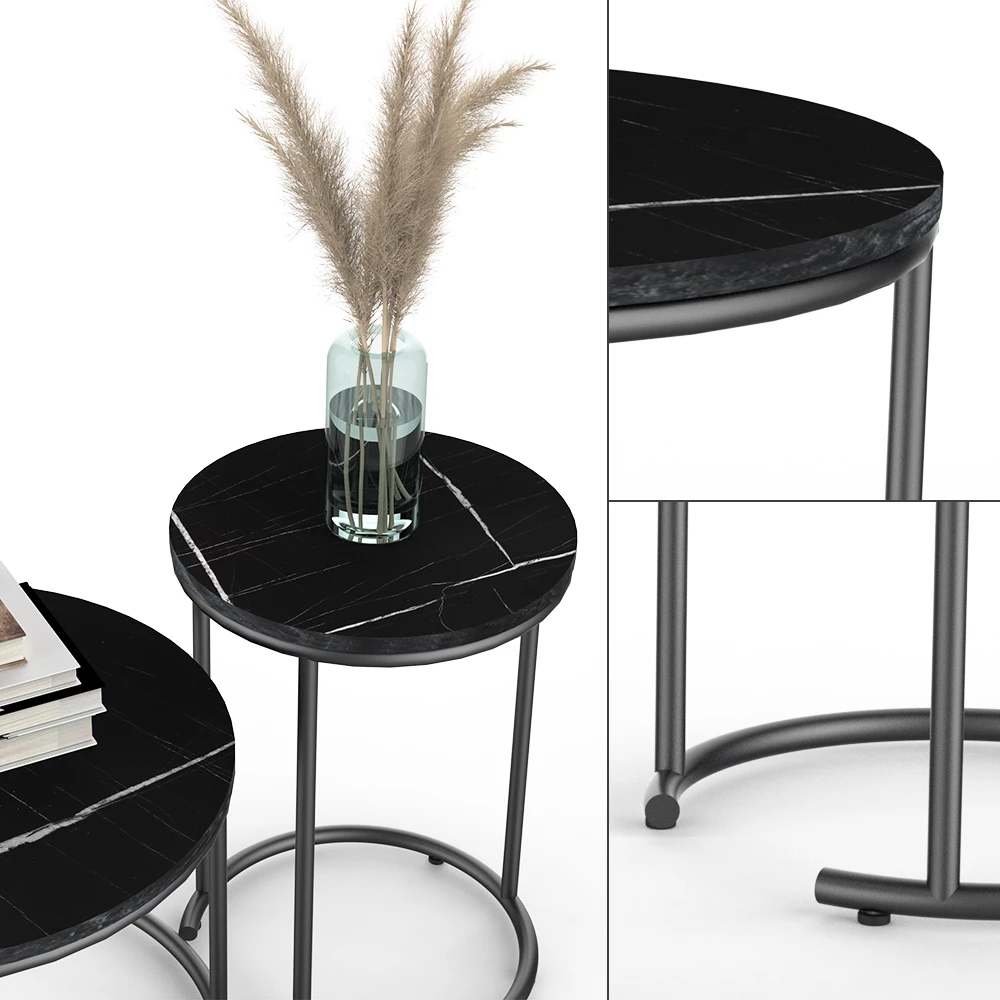 Nahaufnahme von Couchtisch-Set in Schwarzer Marmor, zeigt Design- und Oberflächendetails
