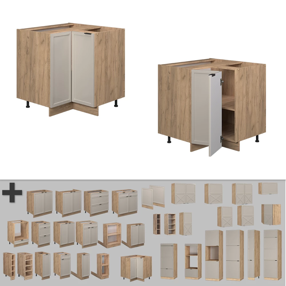 Nahaufnahme von Eckunterschrank  in GrauBeige, zeigt Design- und Oberflächendetails
