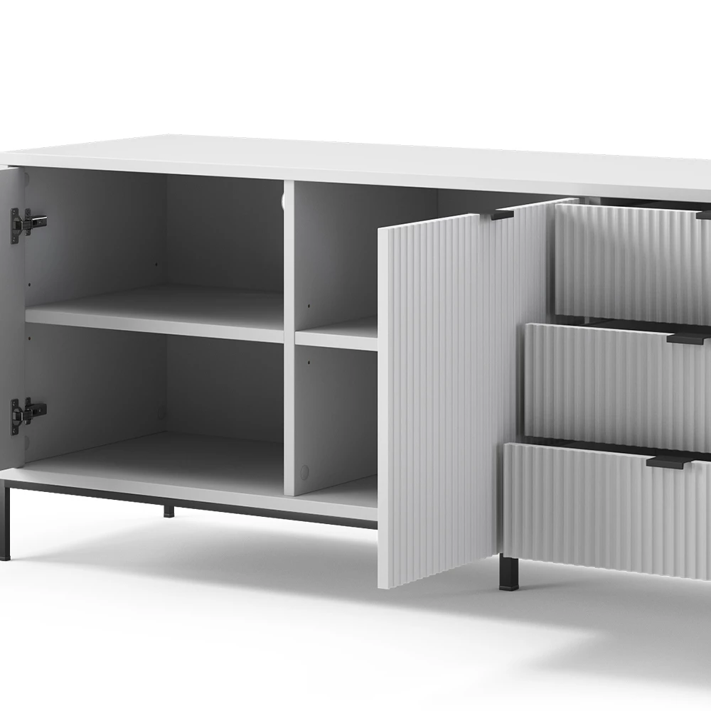 Nahaufnahme von Lowboard in Weiß, zeigt Design- und Oberflächendetails