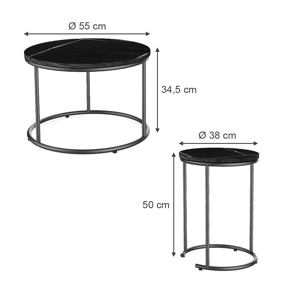 Couchtisch-Set in Schwarzer Marmor auf weißem Hintergrund mit sichtbaren Maßen