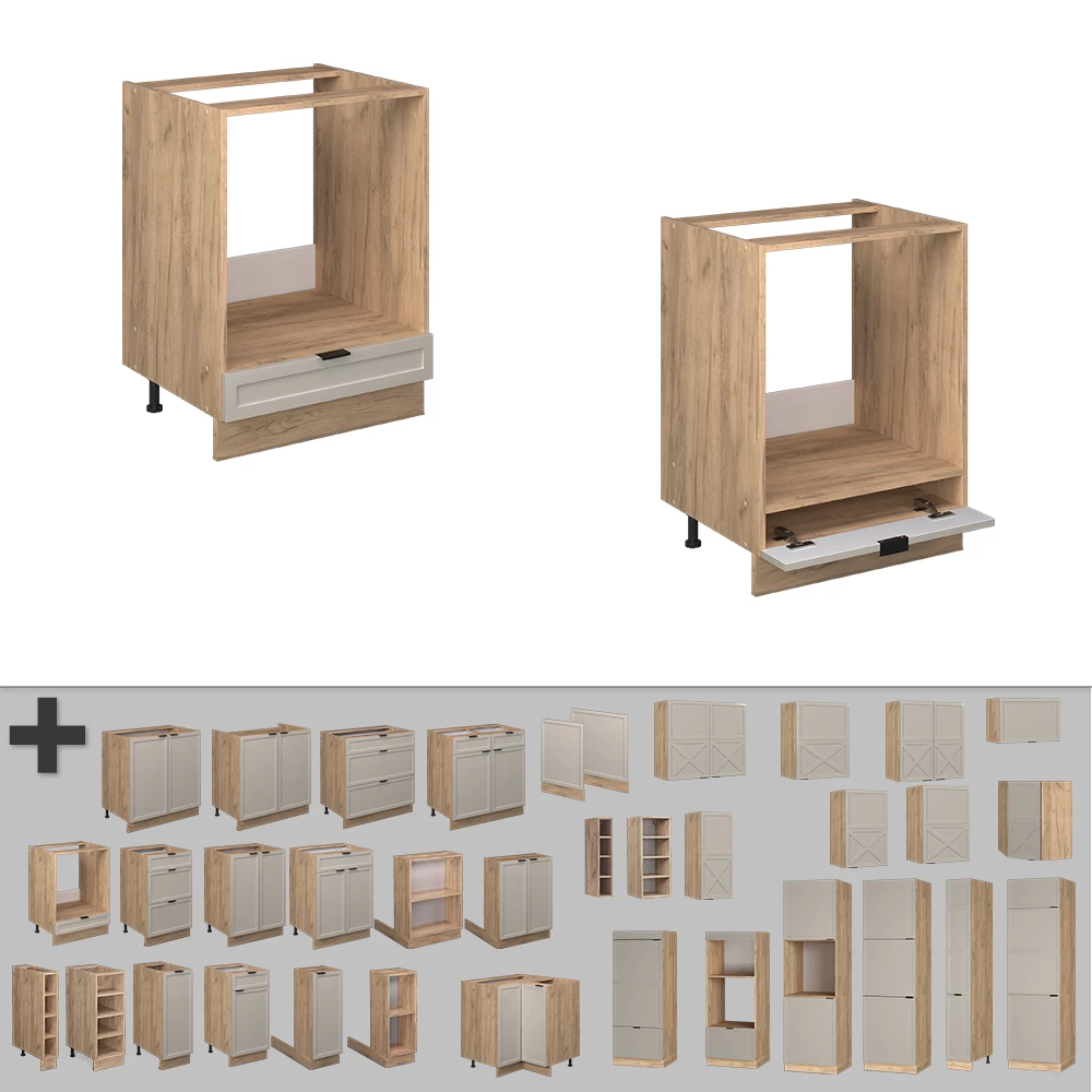 Nahaufnahme von Herdumbauschrank in GrauBeige, zeigt Design- und Oberflächendetails