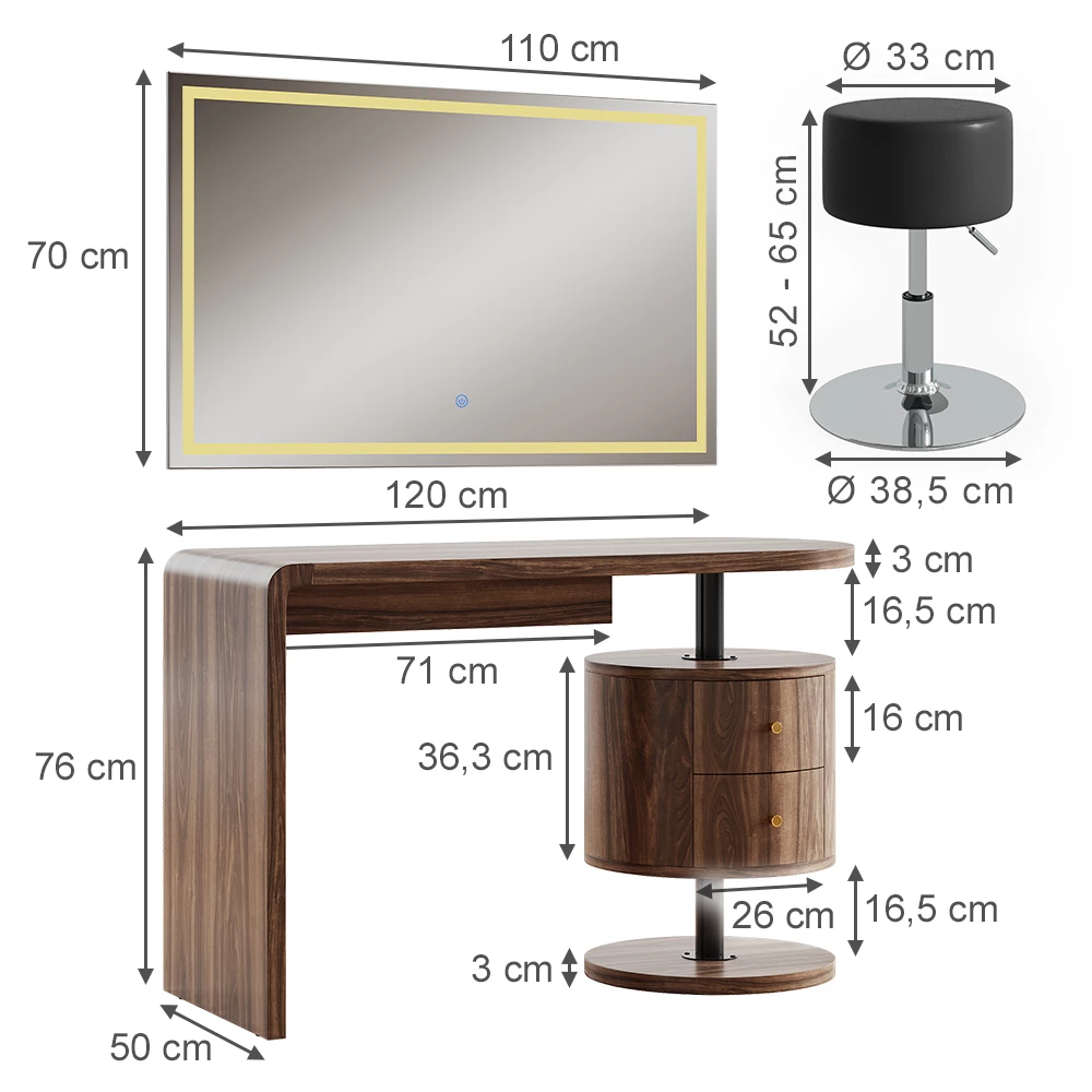 Vicco Schminktisch "Lara", Eiche rustikal, 120 cm mit LED-Spiegel und Hocker