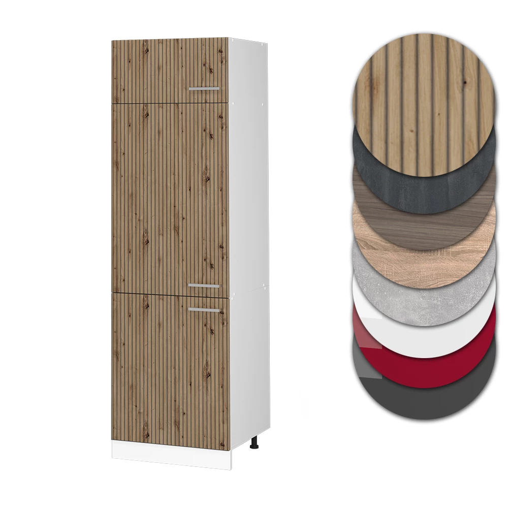 Nahaufnahme von Kühlumbauschrank in Artisan-Eiche, zeigt Design- und Oberflächendetails