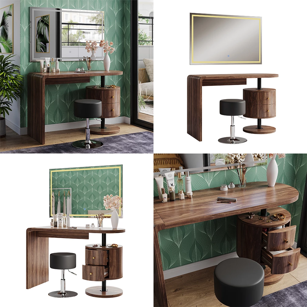 Vicco Schminktisch "Lara", Eiche rustikal, 120 cm mit LED-Spiegel und Hocker