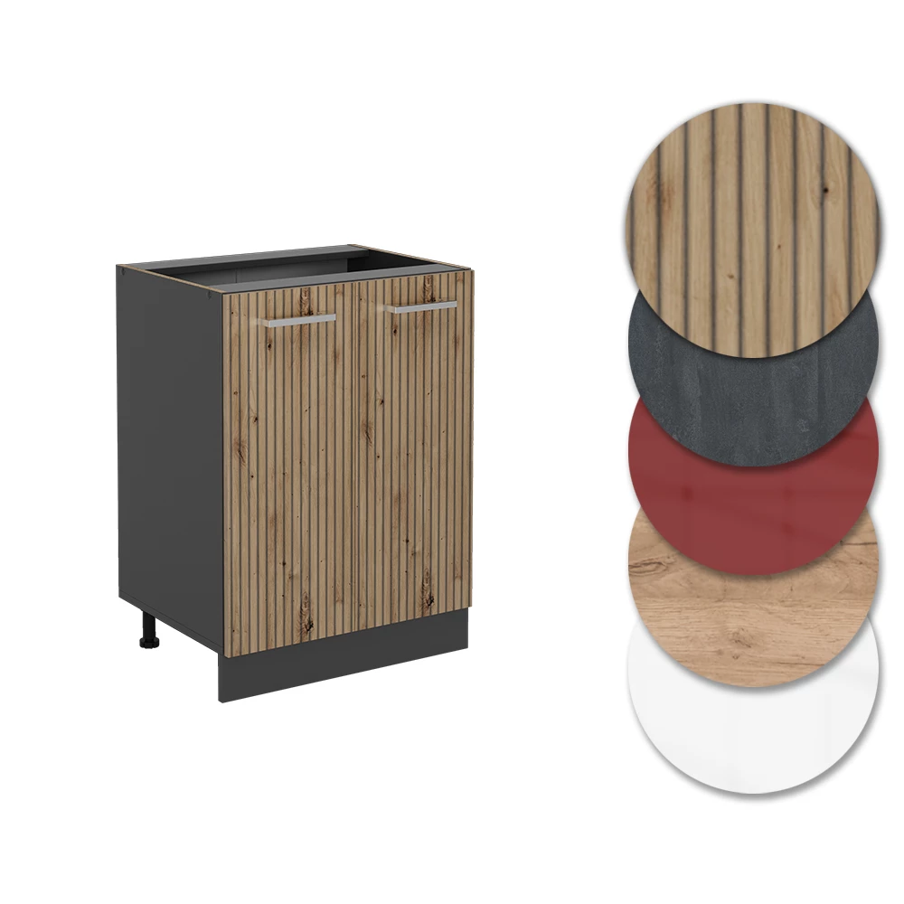 Nahaufnahme von Küchenunterschrank in Artisan-Eiche, zeigt Design- und Oberflächendetails