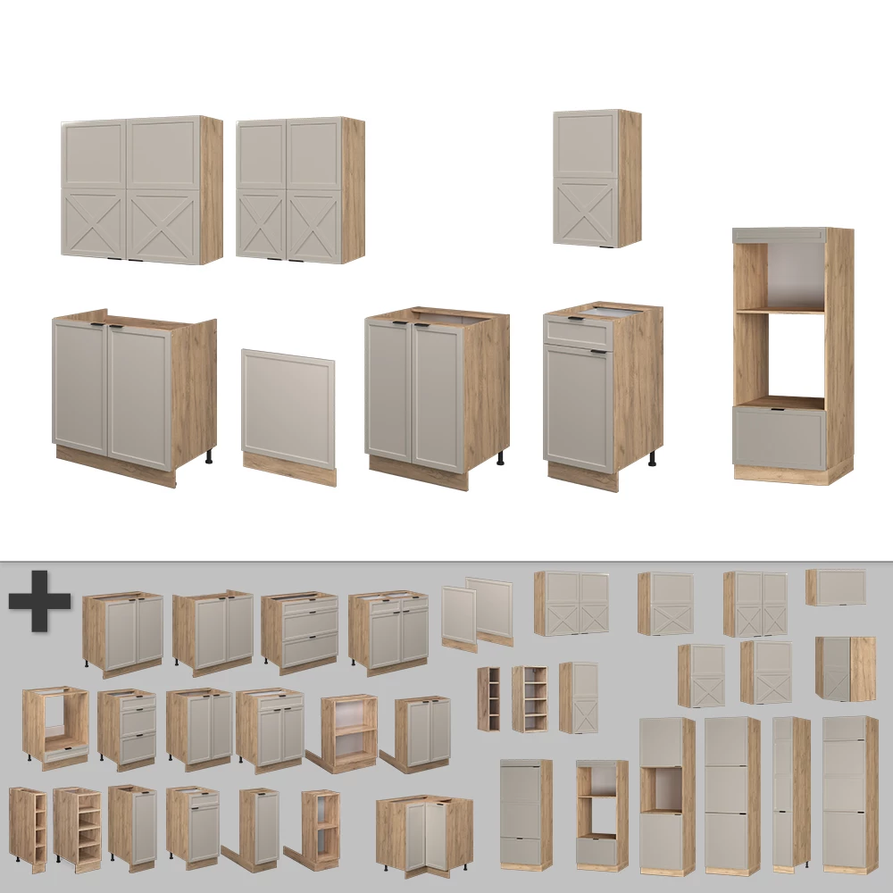 Gros plan de Cuisine en GrisBeige/Chêne doré, montrant le design et les détails de surface
