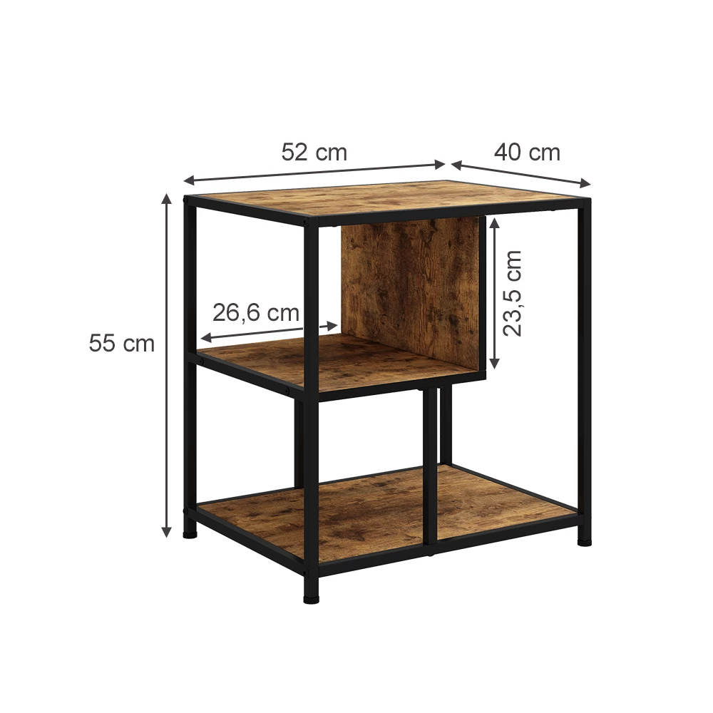 Bijzettafel in Eiken rustiek op een witte achtergrond met zichtbare afmetingen