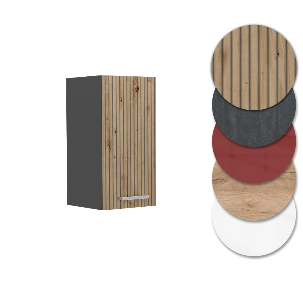 Nahaufnahme von Hängeschrank in Artisan-Eiche, zeigt Design- und Oberflächendetails