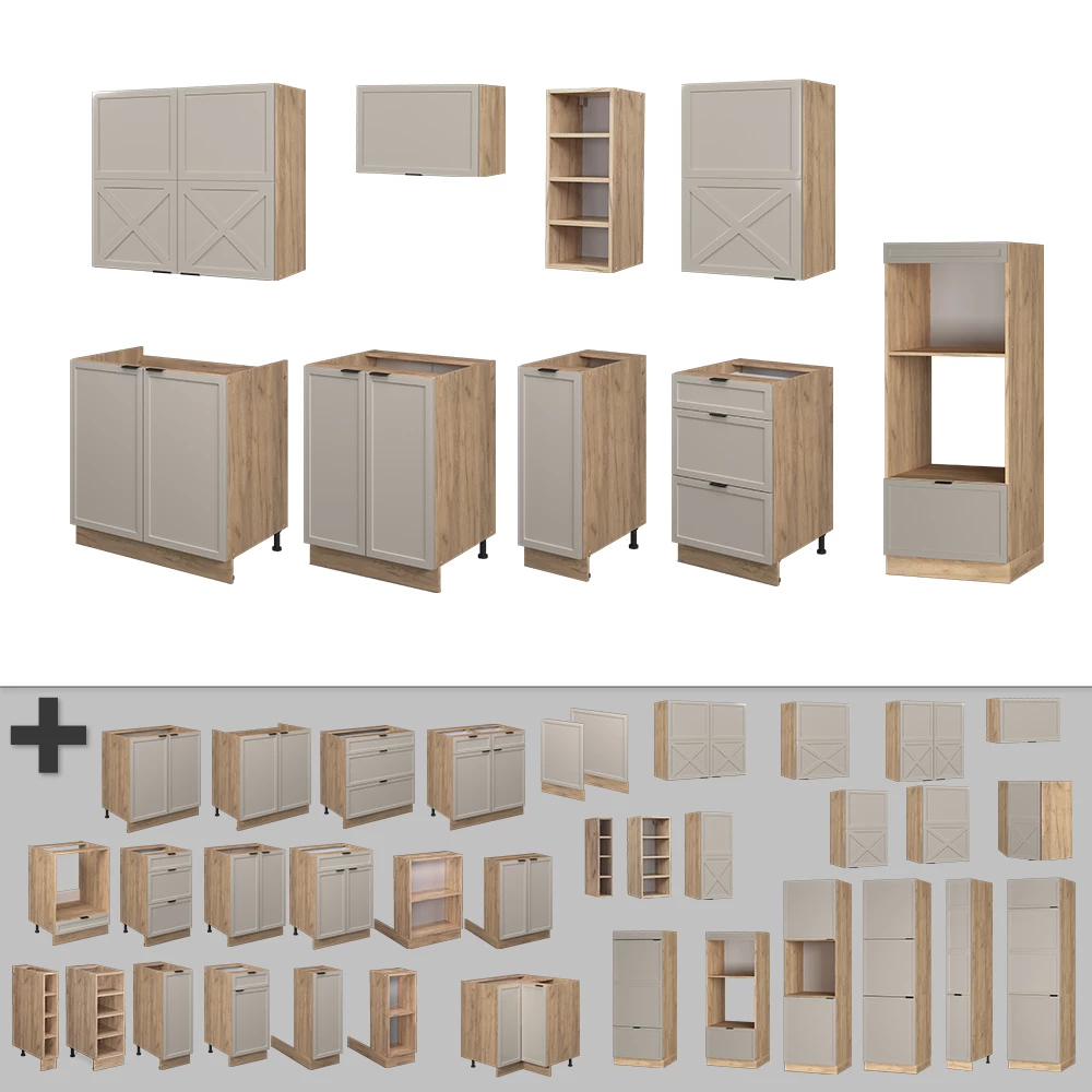 Gros plan de Cuisine en GrisBeige/Chêne doré, montrant le design et les détails de surface