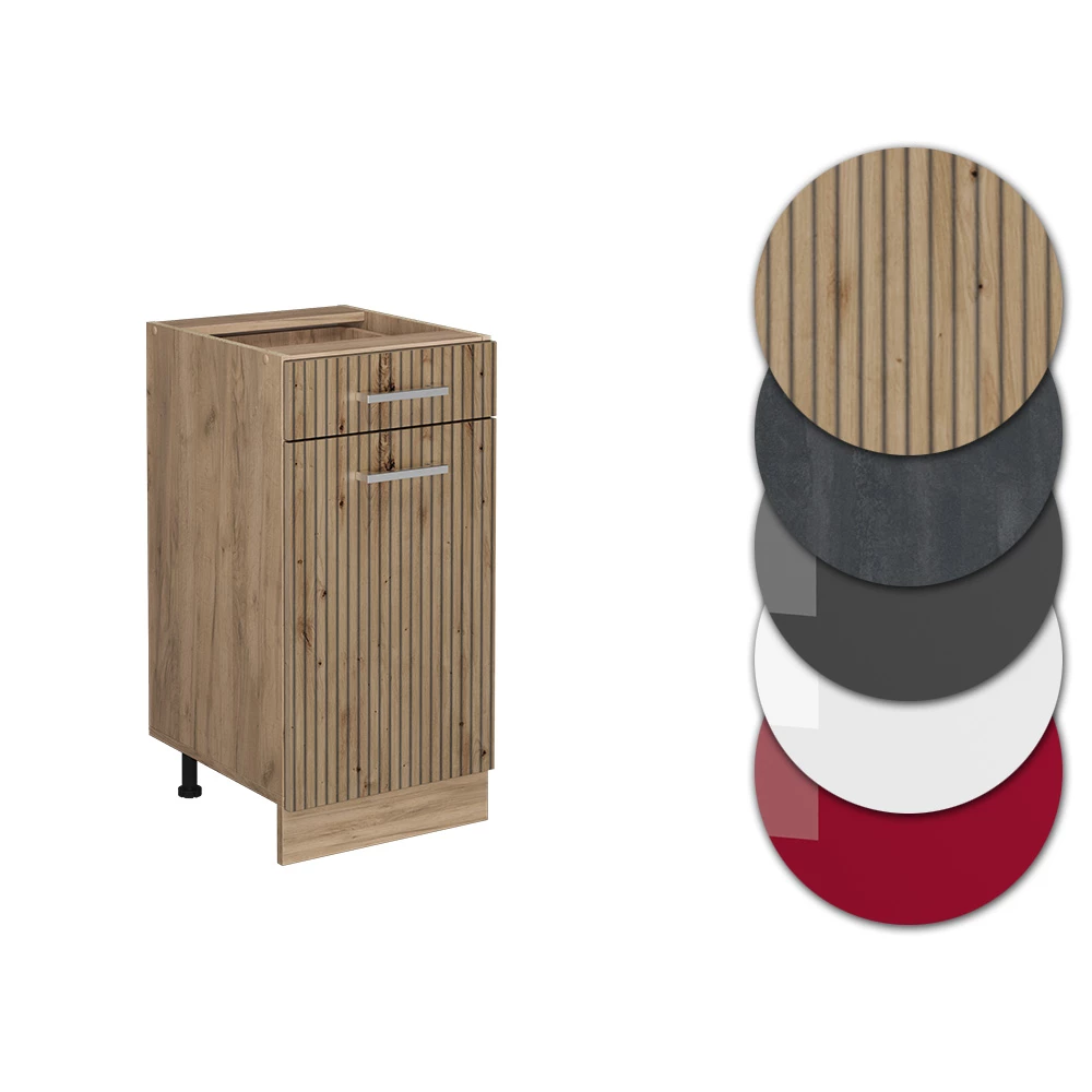 Nahaufnahme von Küchenunterschrank in Artisan-Eiche, zeigt Design- und Oberflächendetails