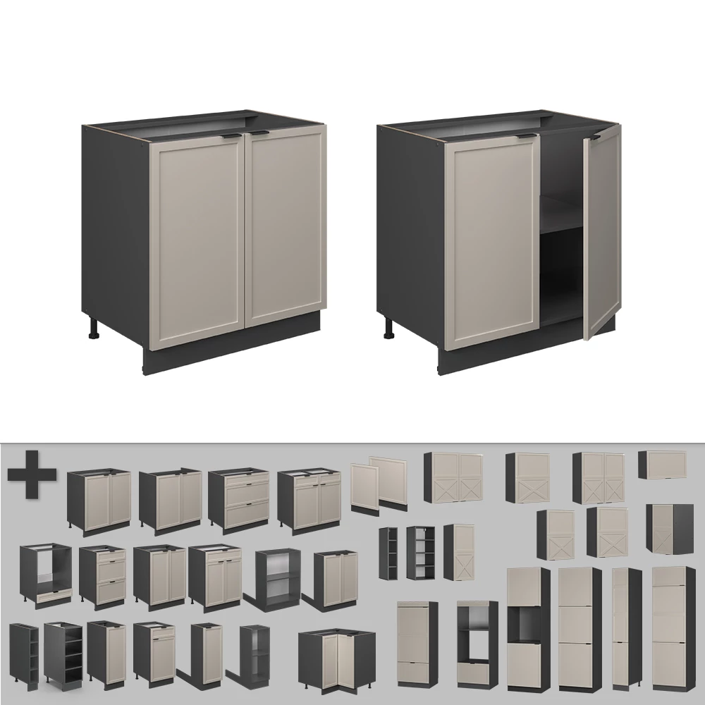 Nahaufnahme von Spülenunterschrank in GrauBeige, zeigt Design- und Oberflächendetails