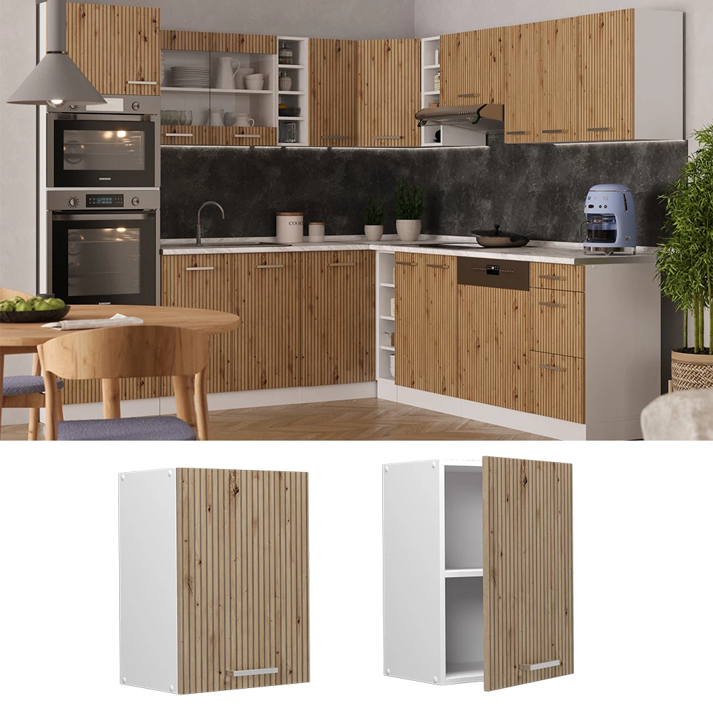 Hängeschrank in Artisan-Eiche, dargestellt im Ambiente und auf weißem Hintergrund