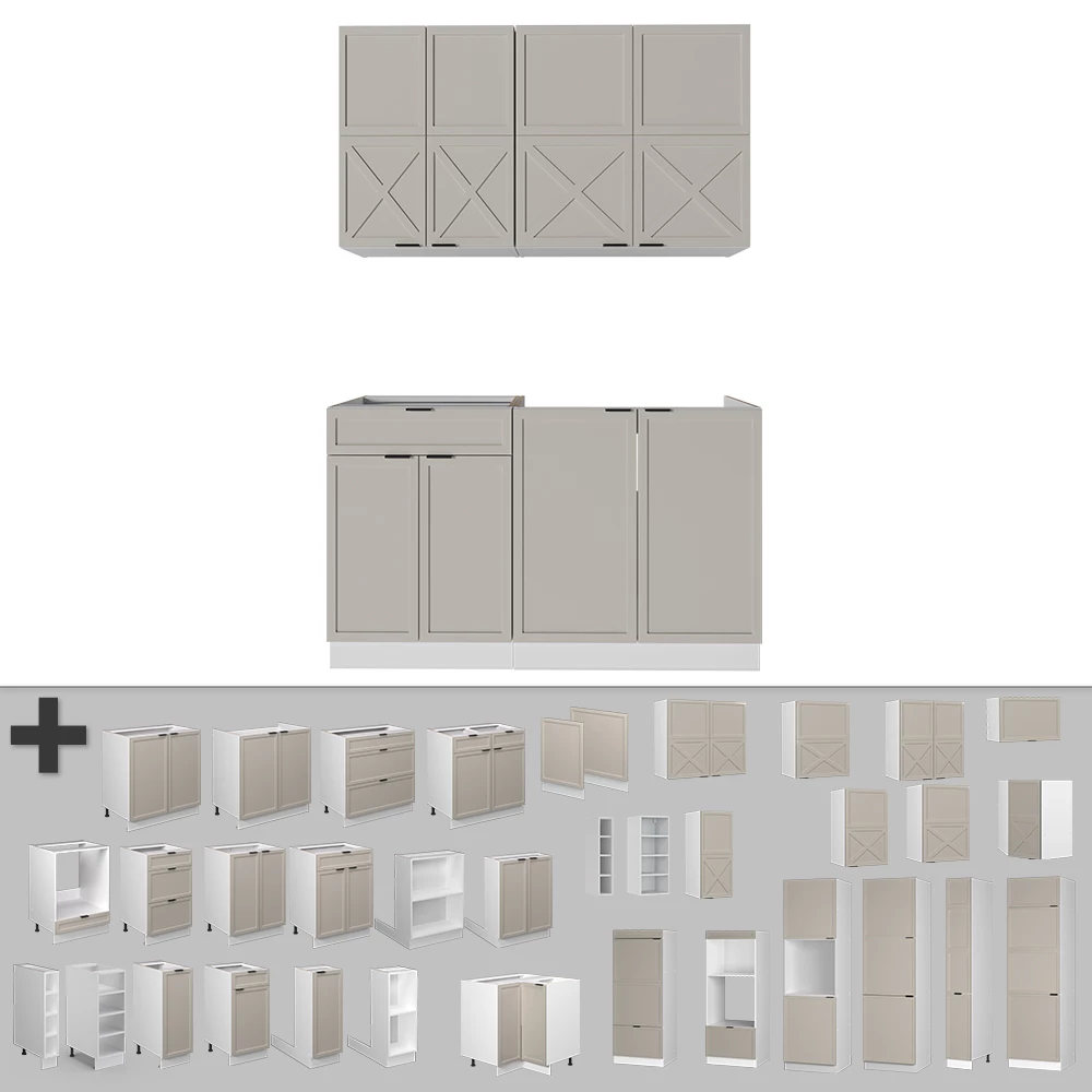 Gros plan de Cuisine en GrisBeige/Blanc, montrant le design et les détails de surface