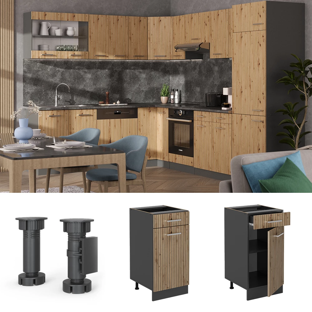 Küchenunterschrank in Artisan-Eiche, dargestellt im Ambiente und auf weißem Hintergrund