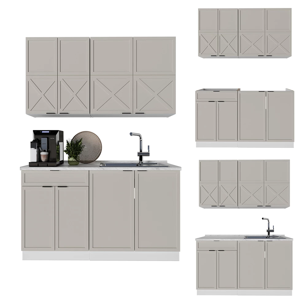 Cuisine en GrisBeige/Blanc sur fond blanc avec des éléments décoratifs