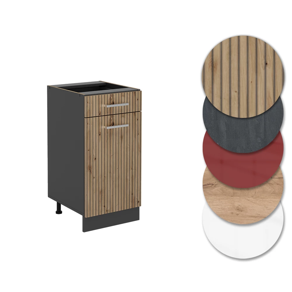 Nahaufnahme von Küchenunterschrank in Artisan-Eiche, zeigt Design- und Oberflächendetails