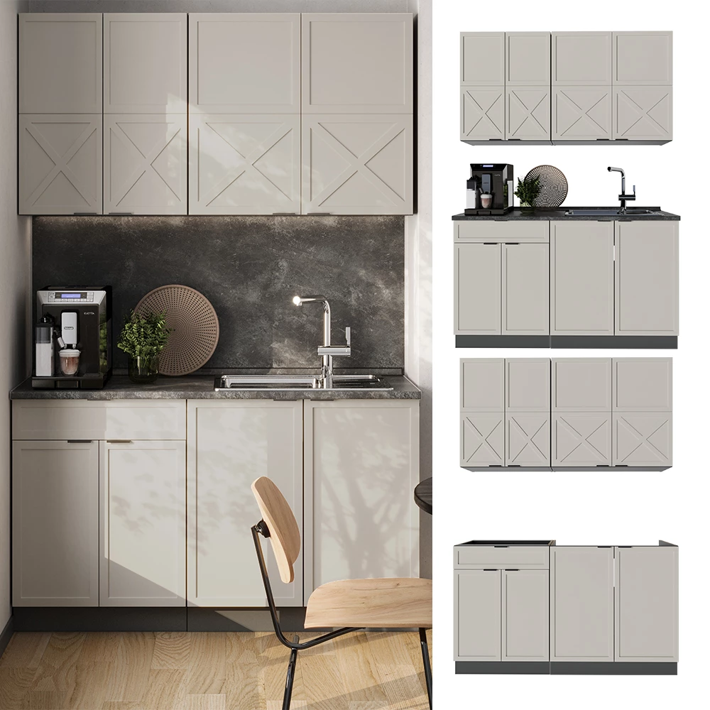 Cuisine en GrisBeige/Blanc, présenté dans un décor ambiant et sur fond blanc