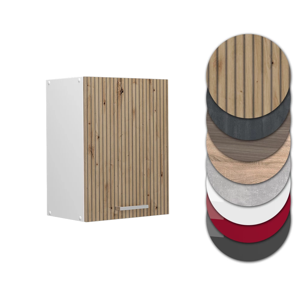 Nahaufnahme von Hängeschrank in Artisan-Eiche, zeigt Design- und Oberflächendetails