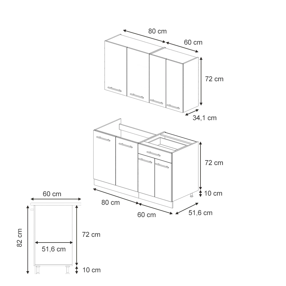 Cocina para solteros en Gris/beige/roble dorado sobre fondo blanco