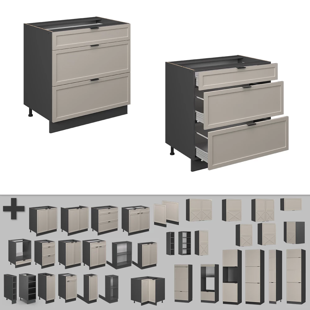 Nahaufnahme von Küchenunterschrank in GrauBeige, zeigt Design- und Oberflächendetails