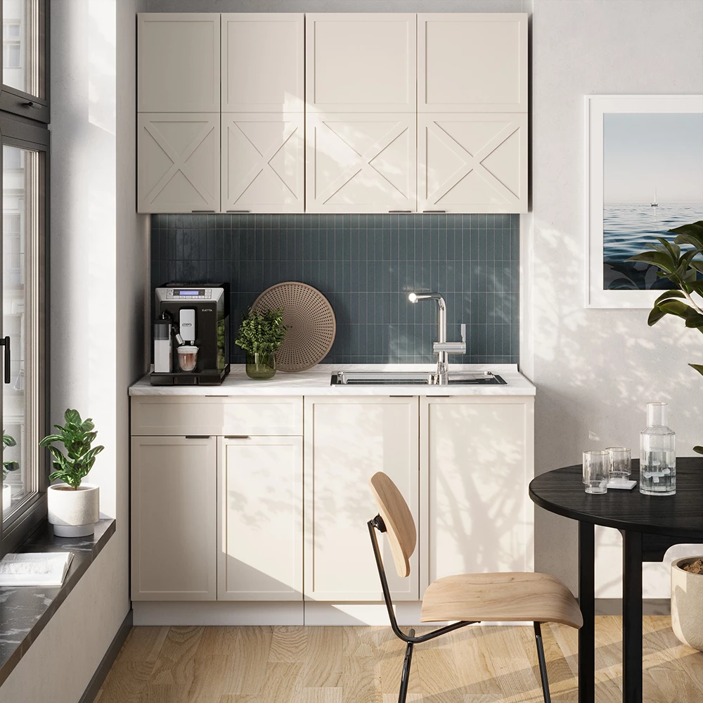 Cocina para solteros en Gris/beige/blanco sobre fondo blanco