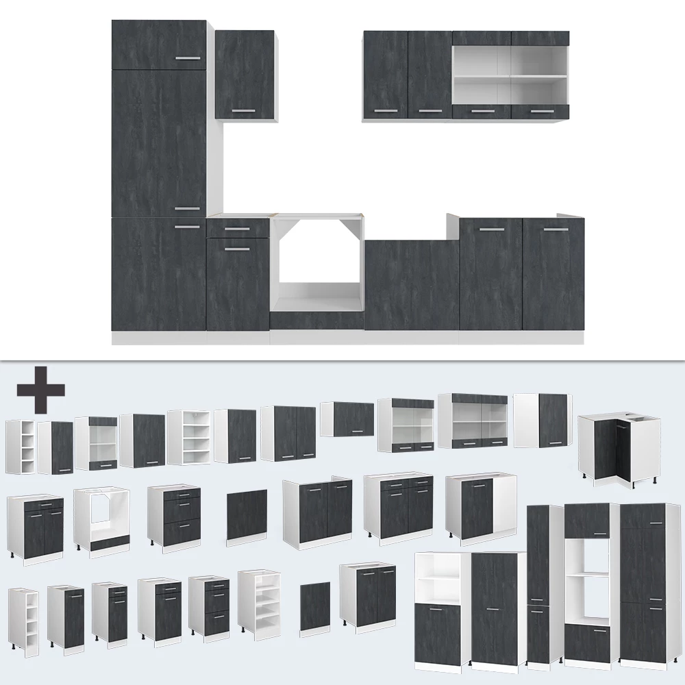 Nahaufnahme von Küchenzeile in Schwarz Beton/Weiß, zeigt Design- und Oberflächendetails