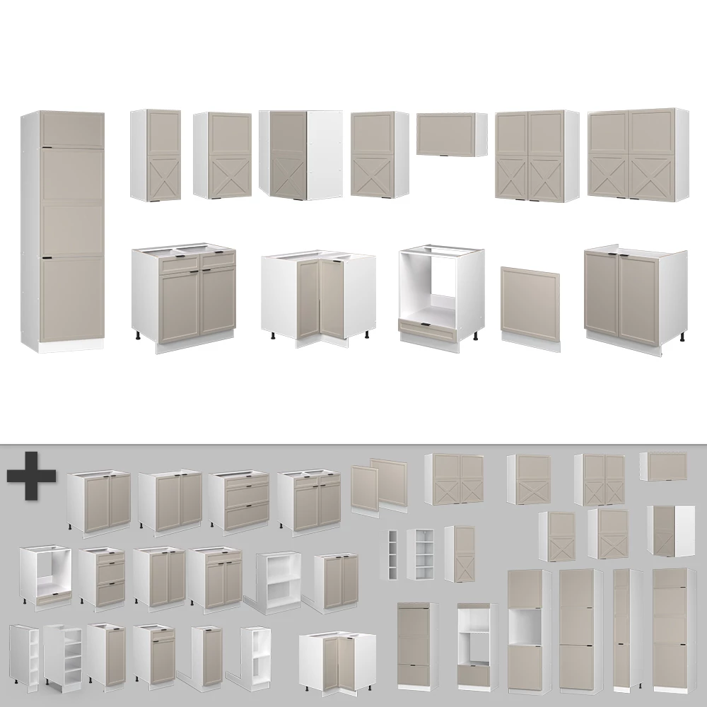 Gros plan de Cuisine en angle en GrisBeige/Blanc, montrant le design et les détails de surface