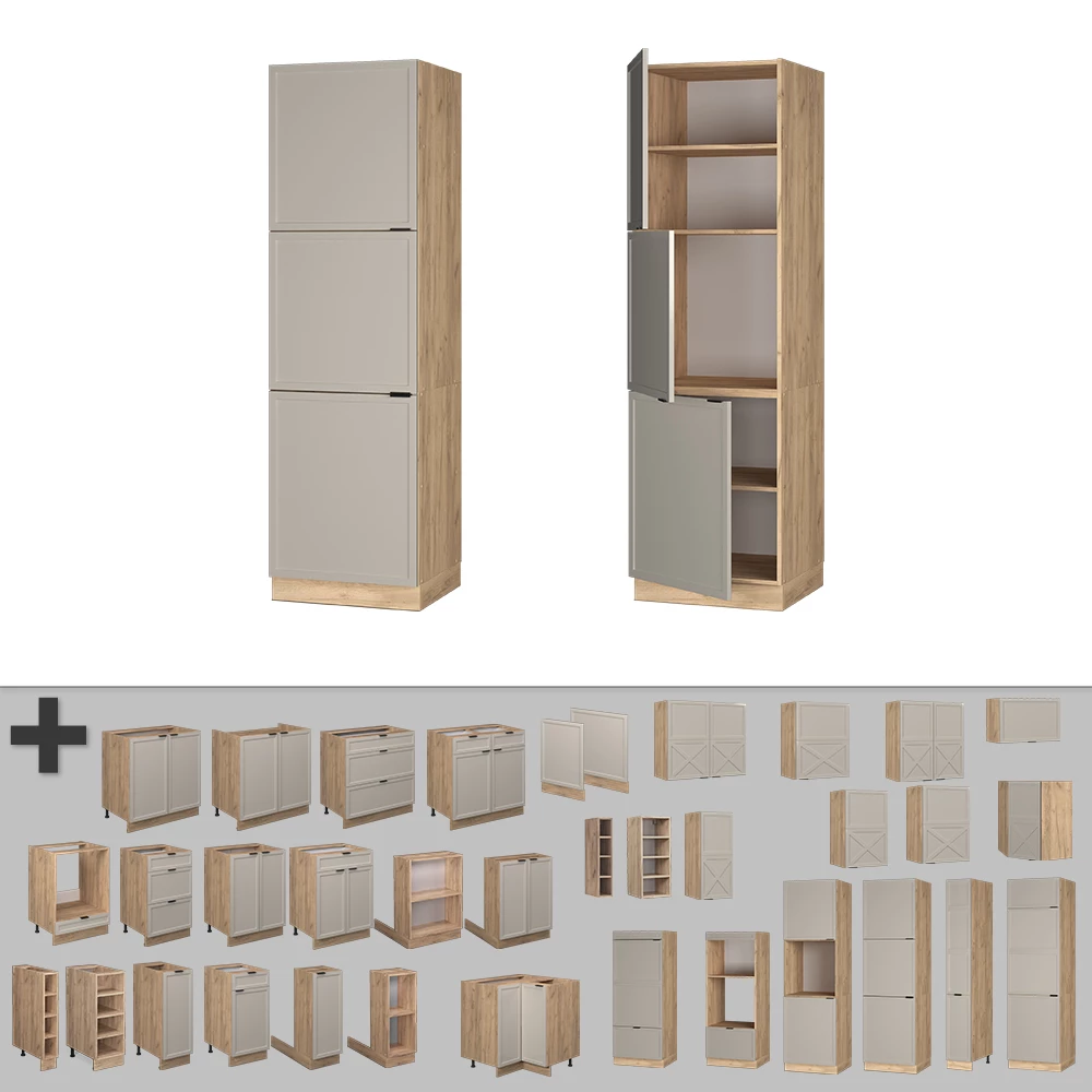 Nahaufnahme von Küchenschrank in GrauBeige, zeigt Textur/Details