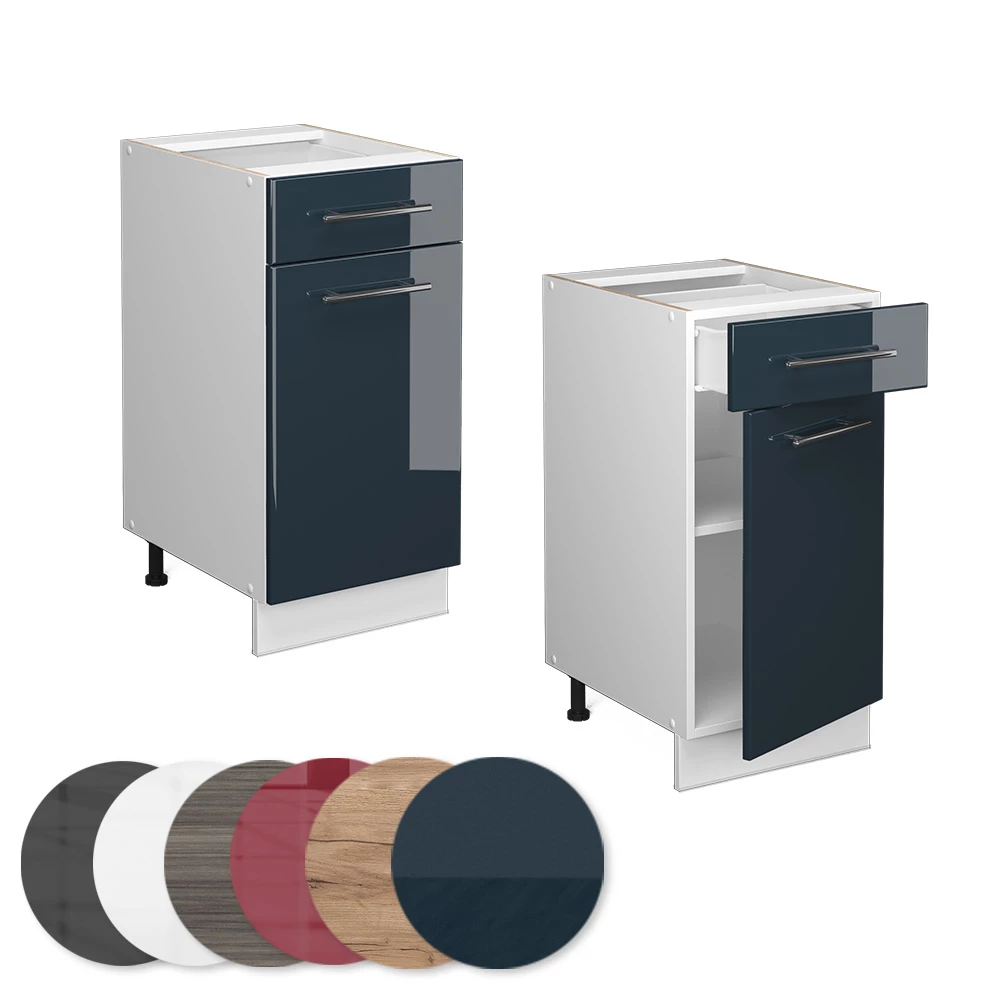 Nahaufnahme von Küchenunterschrank in Dunkelblau Hochglanz, zeigt Design- und Oberflächendetails
