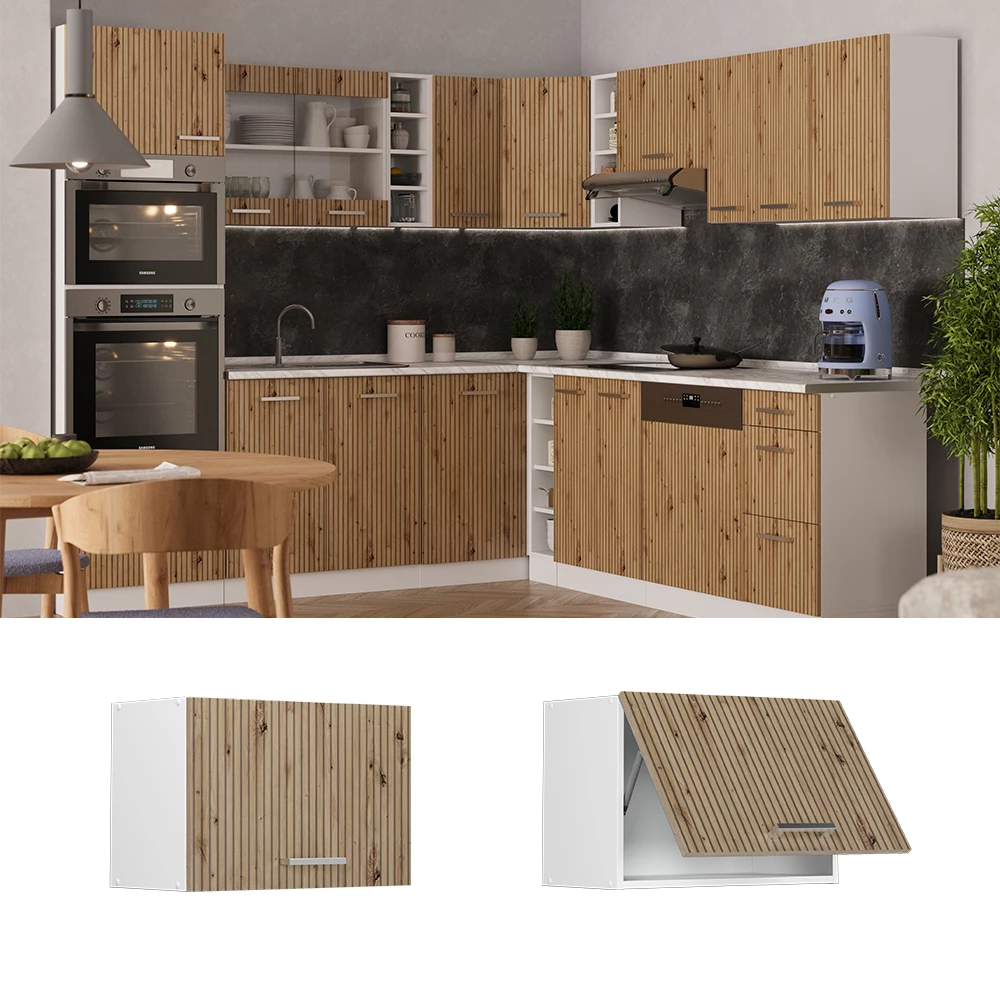 Hängeschrank in Artisan-Eiche, dargestellt im Ambiente und auf weißem Hintergrund