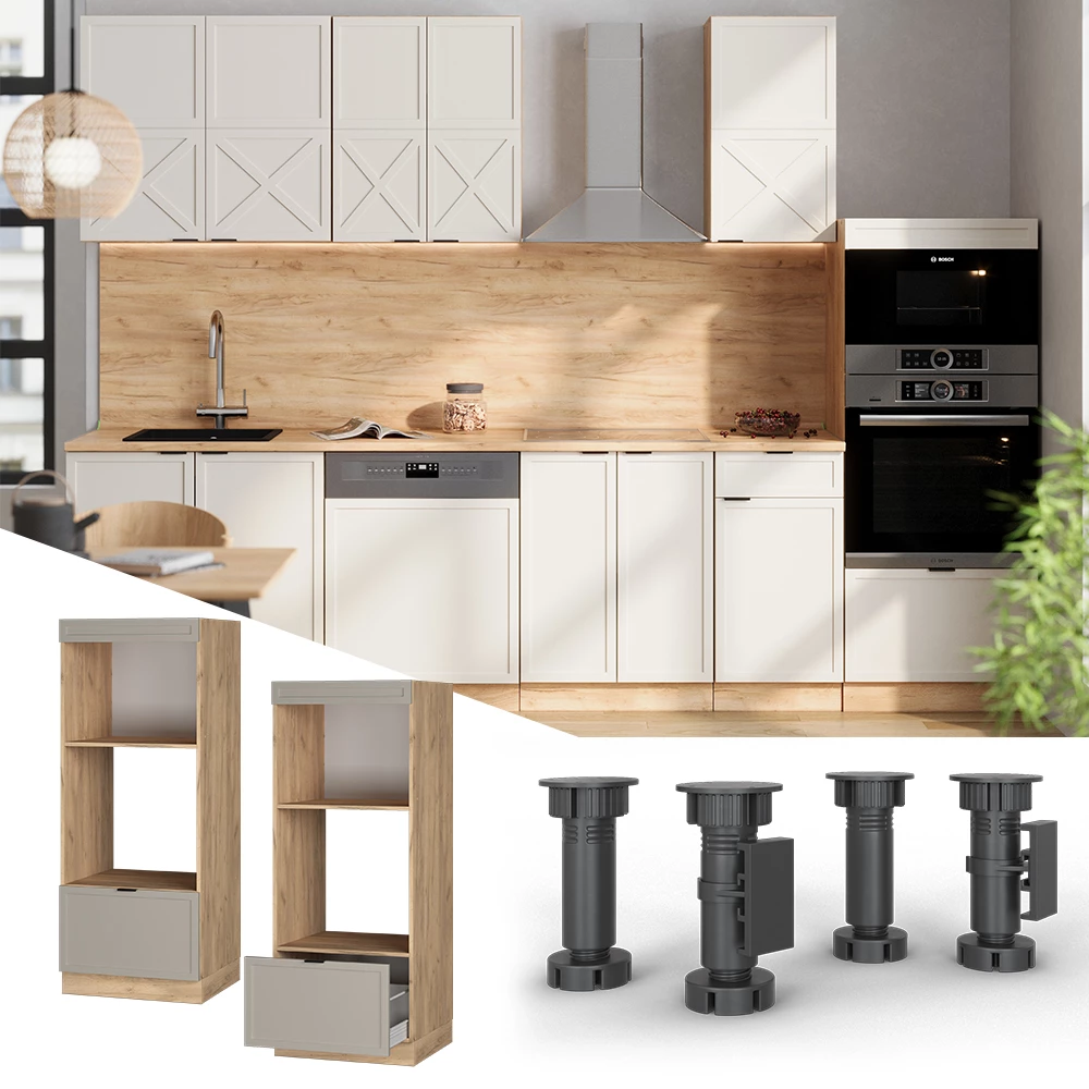 Mikrowellenschrank in GrauBeige, dargestellt im Ambiente und auf weißem Hintergrund