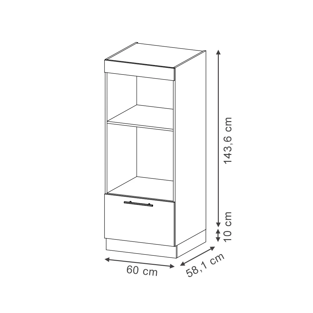 Mikrowellenschrank in Eiche Paneel auf weißem Hintergrund mit sichtbaren Maßen