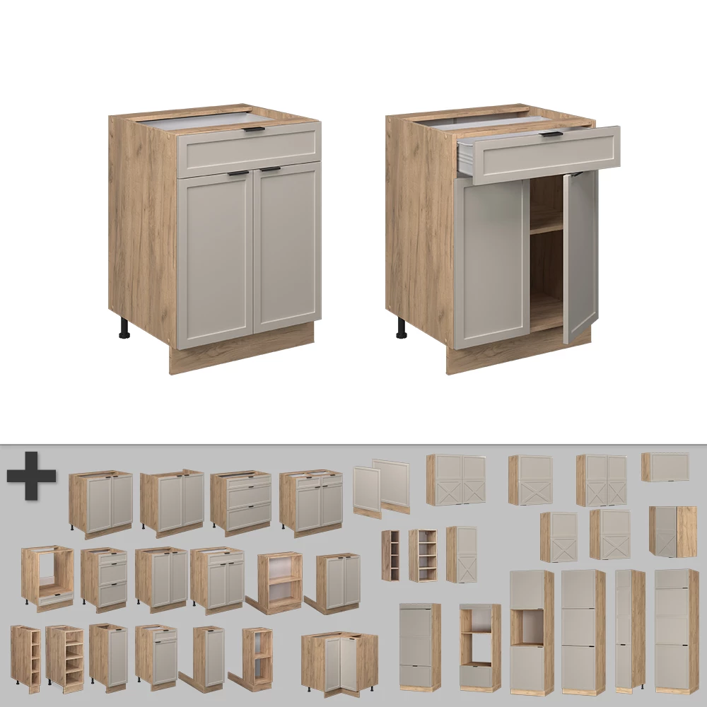 Nahaufnahme von Küchenunterschrank in GrauBeige, zeigt Design- und Oberflächendetails