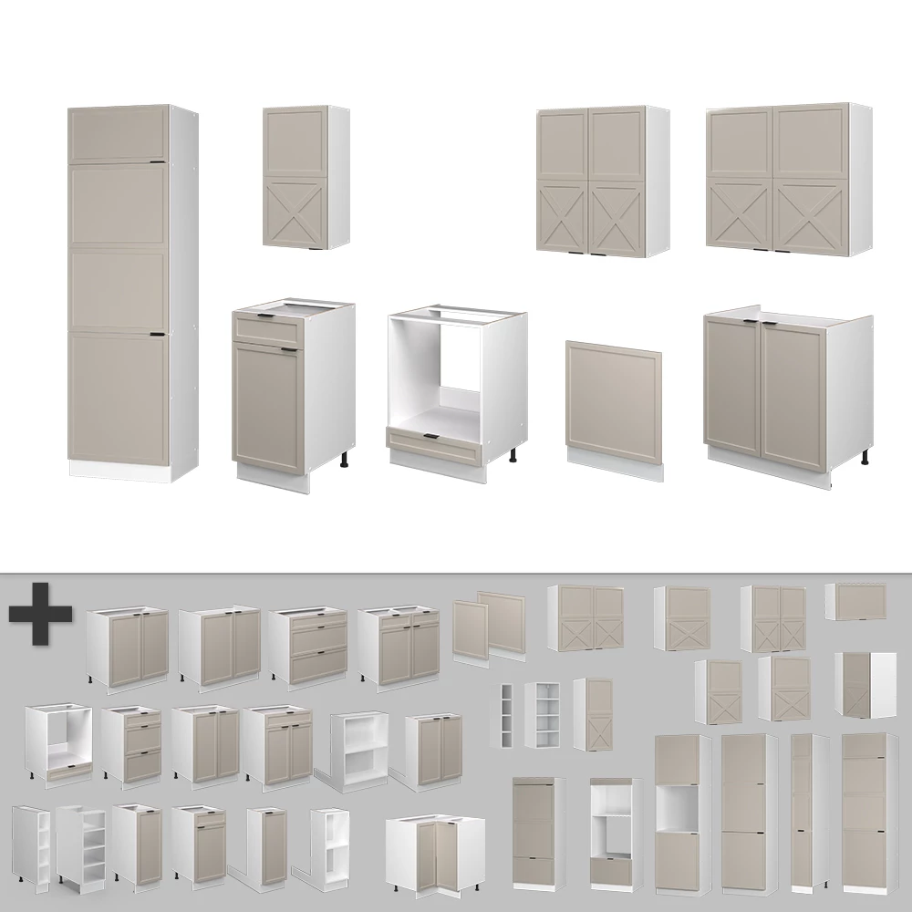 Nahaufnahme von Küchenzeile in GrauBeige/Weiß, zeigt Design- und Oberflächendetails