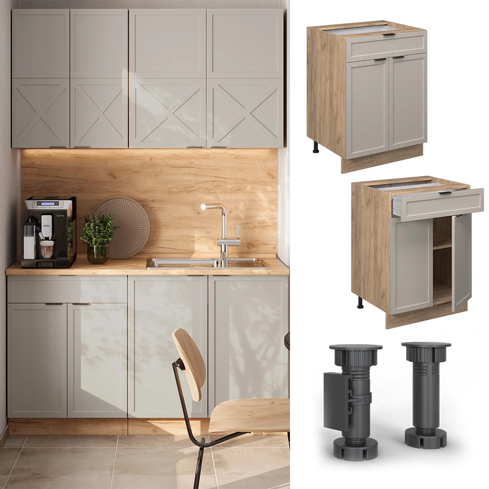 Küchenunterschrank in GrauBeige, dargestellt im Ambiente mit Dekoration