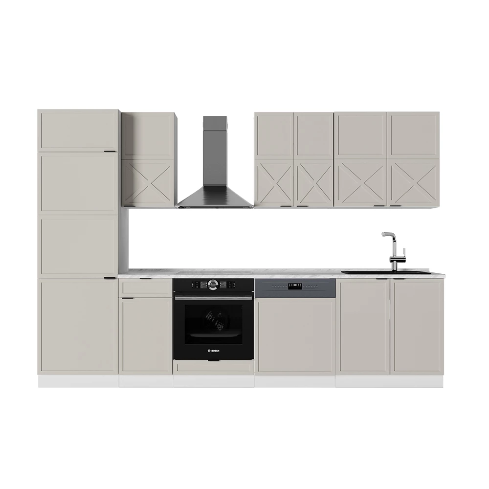 Mueble de cocina en Gris/beige/blanco sobre fondo blanco