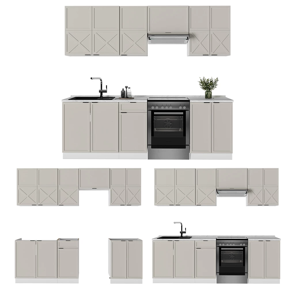 Cuisine en GrisBeige/Blanc sur fond blanc avec des éléments décoratifs